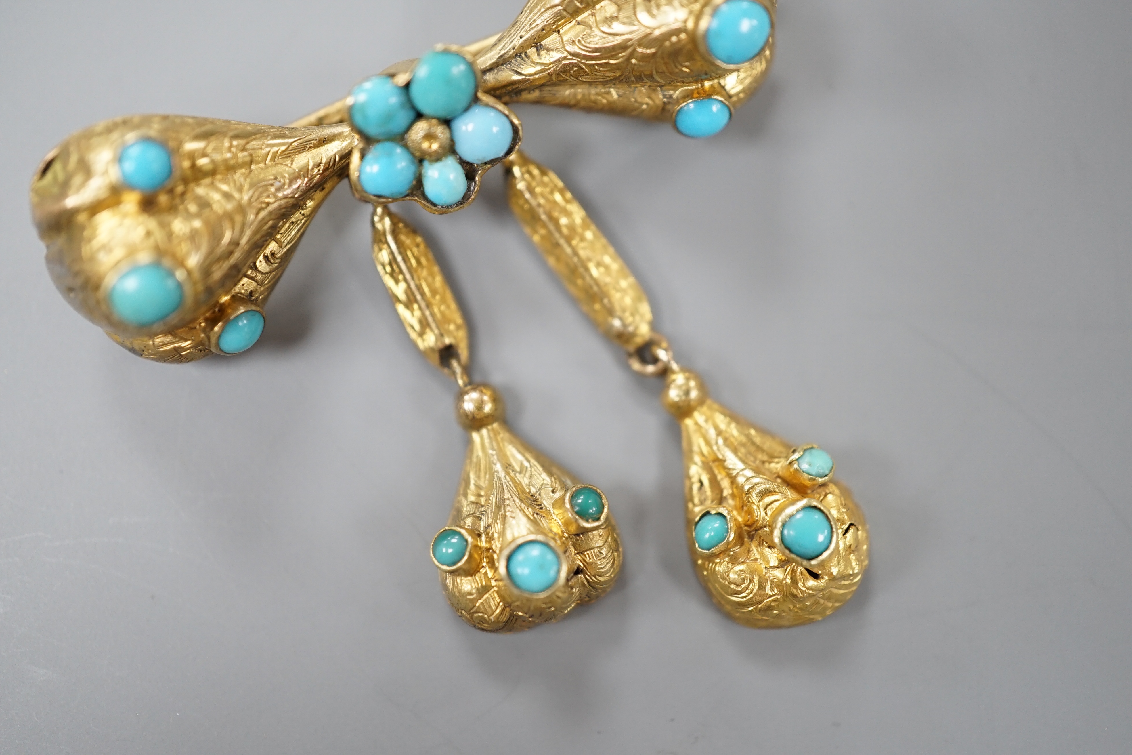 A Victorian yellow metal and turquoise cluster set double drop mourning brooch, drop 4cm, gross weight 7.5 grams.